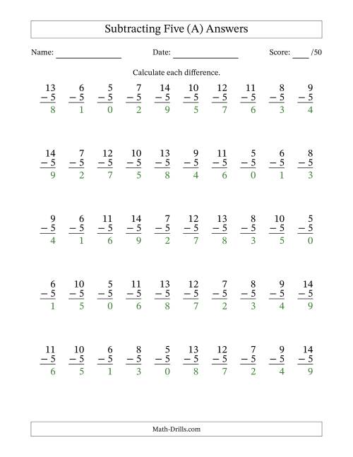 The Subtracting Five (5) with Differences 0 to 9 (50 Questions) (A) Math Worksheet Page 2