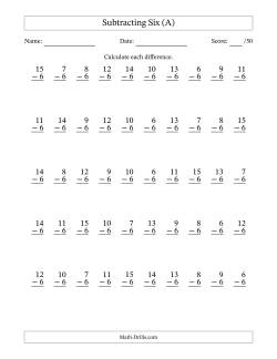 Subtracting Six With Differences from 0 to 9 – 50 Questions