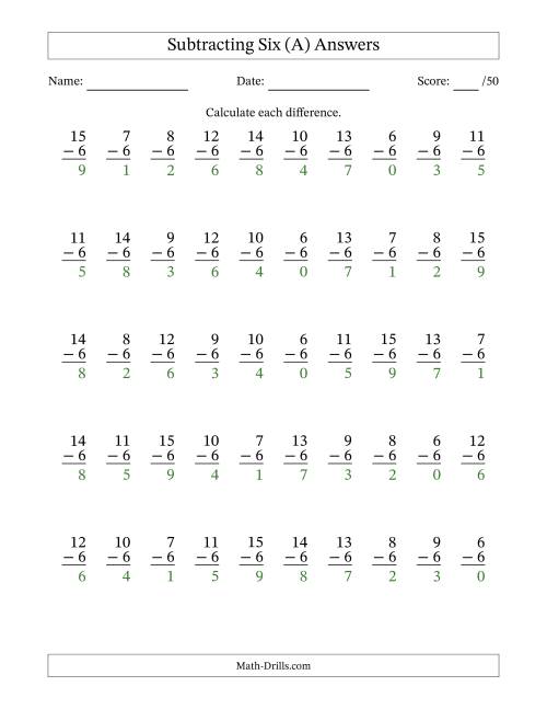 The Subtracting Six (6) with Differences 0 to 9 (50 Questions) (A) Math Worksheet Page 2