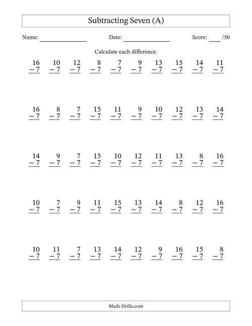 The Subtracting Seven (7) with Differences 0 to 9 (50 Questions) (A) Math Worksheet