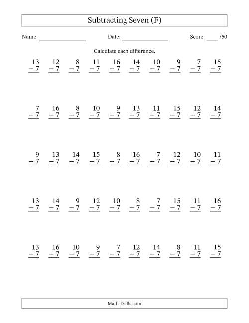 Subtracting Seven (7) with Differences 0 to 9 (50 Questions) (F)