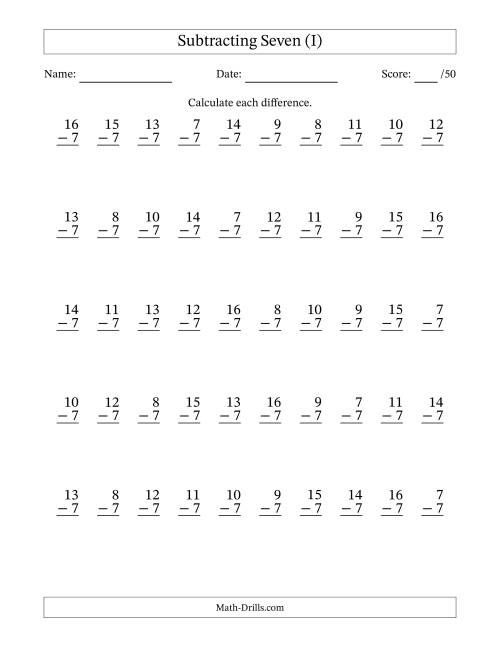 Subtracting Seven (7) with Differences 0 to 9 (50 Questions) (I)