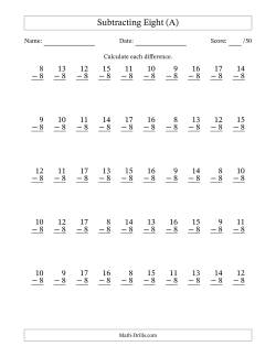 Subtracting Eight With Differences from 0 to 9 – 50 Questions