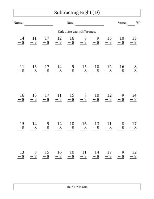 The Subtracting Eight (8) with Differences 0 to 9 (50 Questions) (D) Math Worksheet