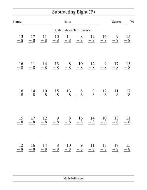 The Subtracting Eight (8) with Differences 0 to 9 (50 Questions) (F) Math Worksheet
