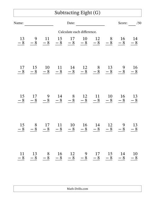 The Subtracting Eight (8) with Differences 0 to 9 (50 Questions) (G) Math Worksheet