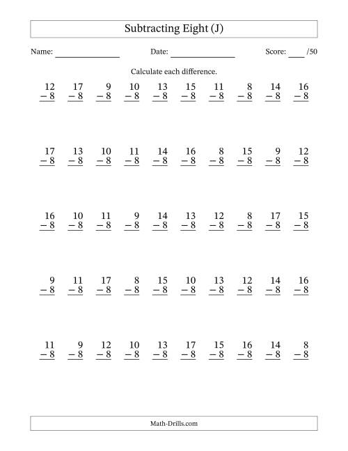 The Subtracting Eight (8) with Differences 0 to 9 (50 Questions) (J) Math Worksheet