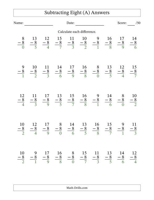 The Subtracting Eight (8) with Differences 0 to 9 (50 Questions) (All) Math Worksheet Page 2