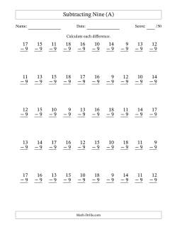 Subtracting Nine With Differences from 0 to 9 – 50 Questions