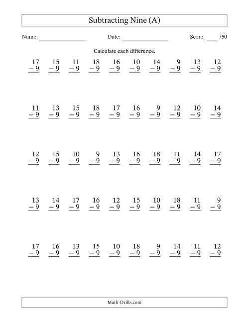 The Subtracting Nine (9) with Differences 0 to 9 (50 Questions) (A) Math Worksheet