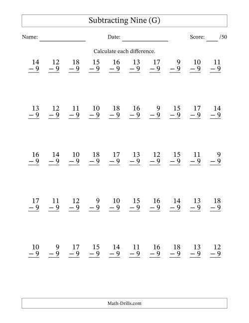 The Subtracting Nine With Differences from 0 to 9 – 50 Questions (G) Math Worksheet