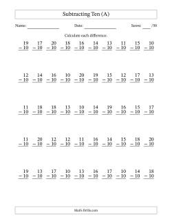 Subtracting Ten With Differences from 0 to 10 – 50 Questions