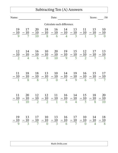 The Subtracting Ten (10) with Differences 0 to 10 (50 Questions) (A) Math Worksheet Page 2