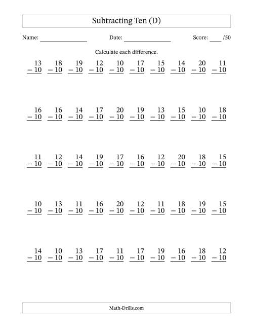 The Subtracting Ten (10) with Differences 0 to 10 (50 Questions) (D) Math Worksheet