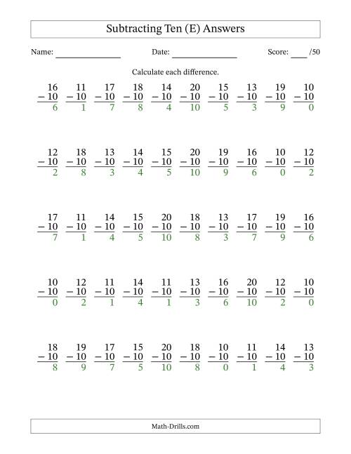 The Subtracting Ten (10) with Differences 0 to 10 (50 Questions) (E) Math Worksheet Page 2