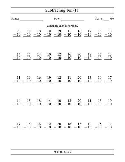 The Subtracting Ten (10) with Differences 0 to 10 (50 Questions) (H) Math Worksheet