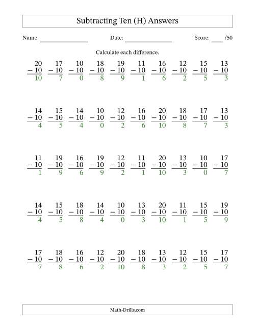 The Subtracting Ten (10) with Differences 0 to 10 (50 Questions) (H) Math Worksheet Page 2