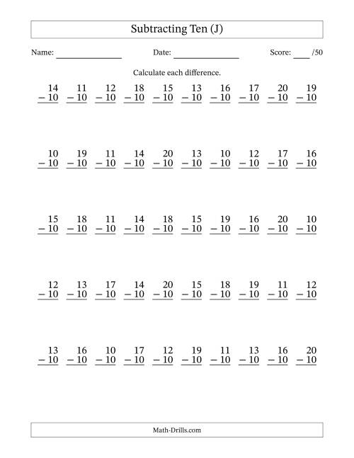 The Subtracting Ten (10) with Differences 0 to 10 (50 Questions) (J) Math Worksheet