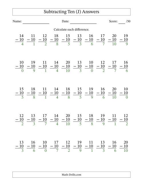The Subtracting Ten (10) with Differences 0 to 10 (50 Questions) (J) Math Worksheet Page 2