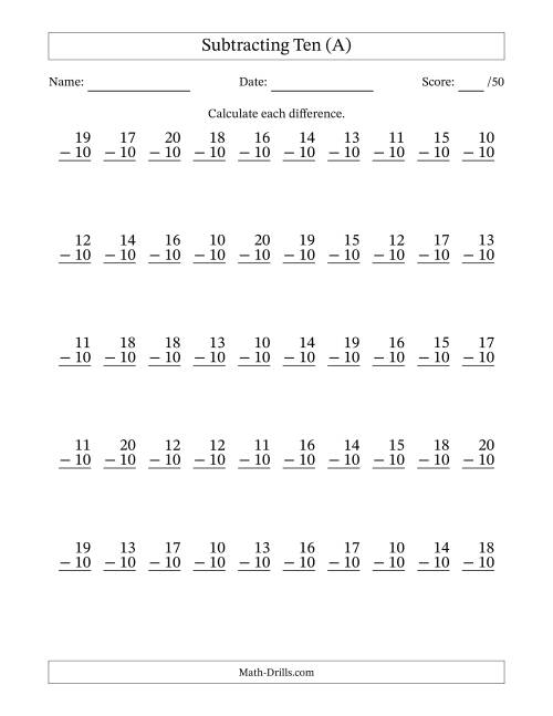 The Subtracting Ten (10) with Differences 0 to 10 (50 Questions) (All) Math Worksheet