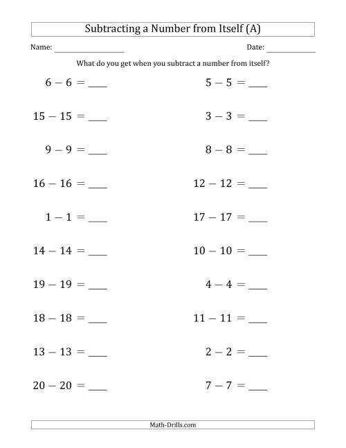 The Subtracting a Number From Itself (Range 1 to 20) (A) Math Worksheet