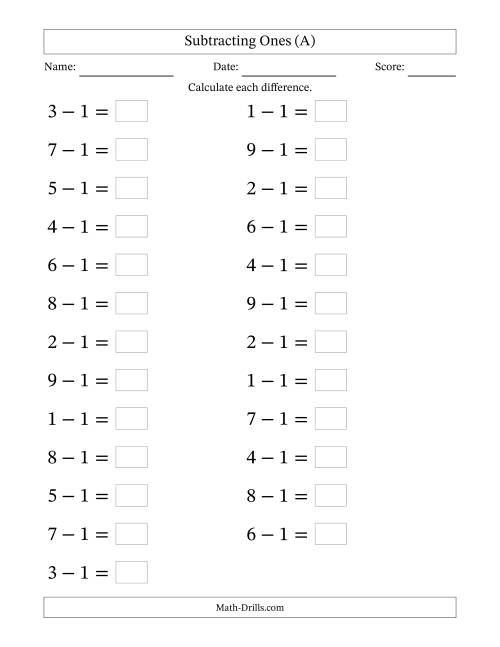 The Horizontally Arranged Subtracting Ones from Single-Digit Minuends (25 Questions; Large Print) (A) Math Worksheet
