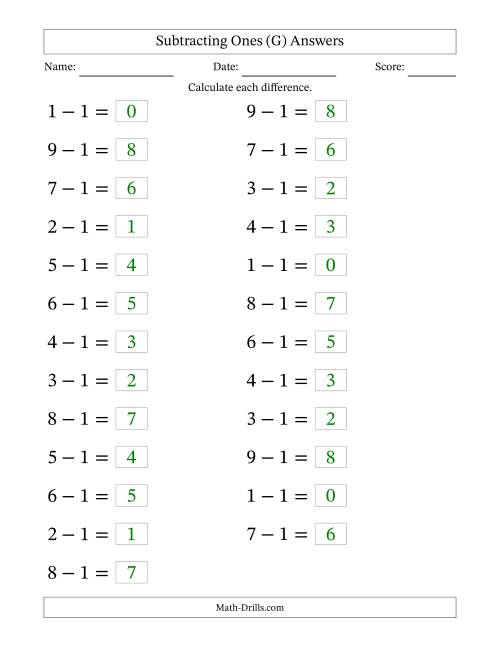 The Horizontally Arranged Subtracting Ones from Single-Digit Minuends (25 Questions; Large Print) (G) Math Worksheet Page 2