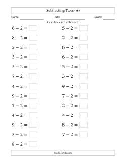 Horizontally Arranged Subtracting Twos from Single-Digit Minuends (25 Questions; Large Print)