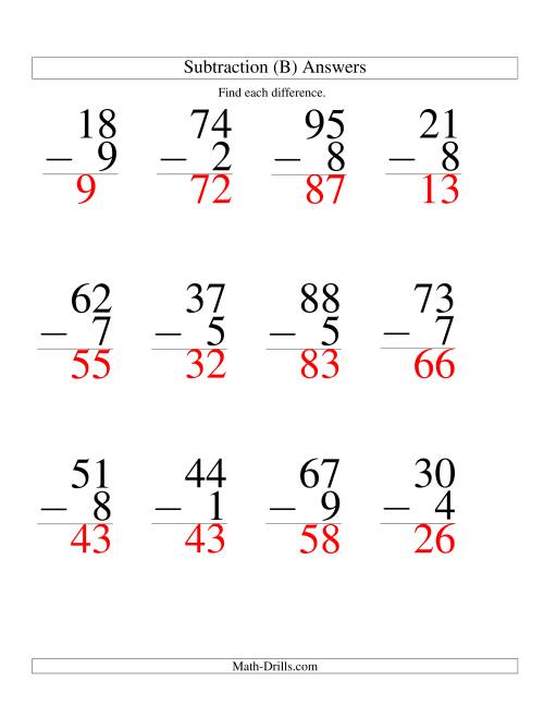 Two-Digit Minus One-Digit Subtraction -- Large Print (B)