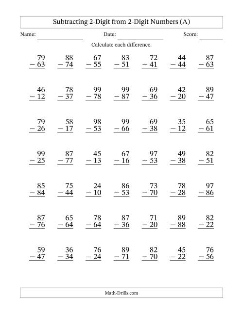 The Subtracting 2-Digit from 2-Digit Numbers With No Regrouping (49 Questions) (A) Math Worksheet