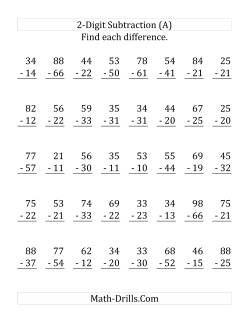 2-Digit Subtraction with No Regrouping (Large Print) Subtraction Worksheet