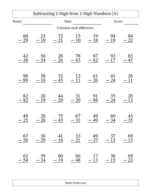 Free Math Worksheets 2 Digit Subtraction With Regrouping