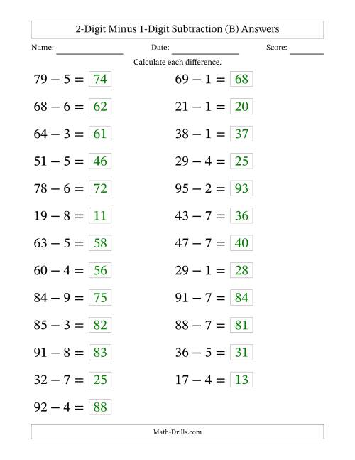 The Horizontally Arranged Two-Digit Minus One-Digit Subtraction(25 Questions; Large Print) (B) Math Worksheet Page 2