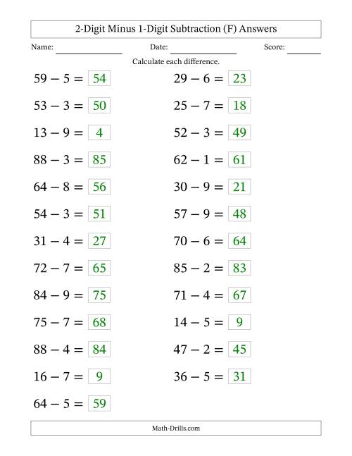 The Horizontally Arranged Two-Digit Minus One-Digit Subtraction(25 Questions; Large Print) (F) Math Worksheet Page 2