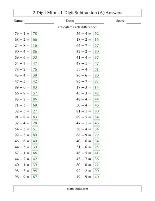 The Horizontally Arranged Two-Digit Minus One-Digit Subtraction(50 Questions) (A) Math Worksheet Page 2