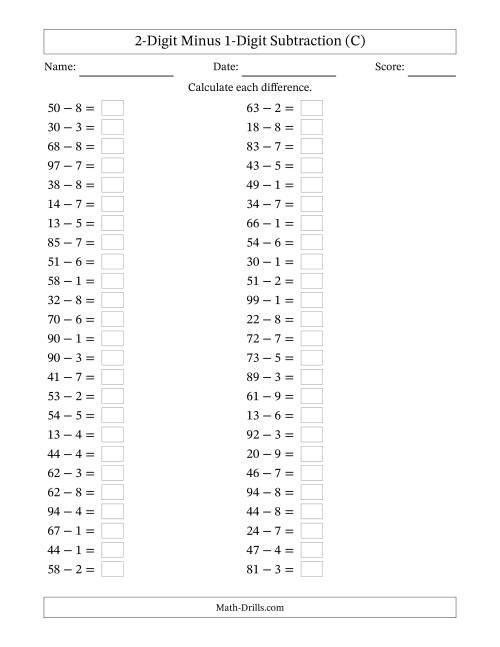 The Horizontally Arranged Two-Digit Minus One-Digit Subtraction(50 Questions) (C) Math Worksheet