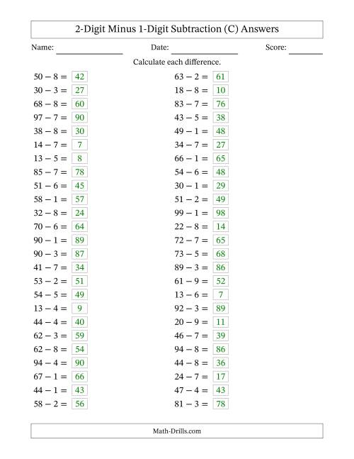 The Horizontally Arranged Two-Digit Minus One-Digit Subtraction(50 Questions) (C) Math Worksheet Page 2