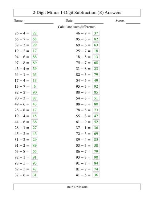 The Horizontally Arranged Two-Digit Minus One-Digit Subtraction(50 Questions) (E) Math Worksheet Page 2