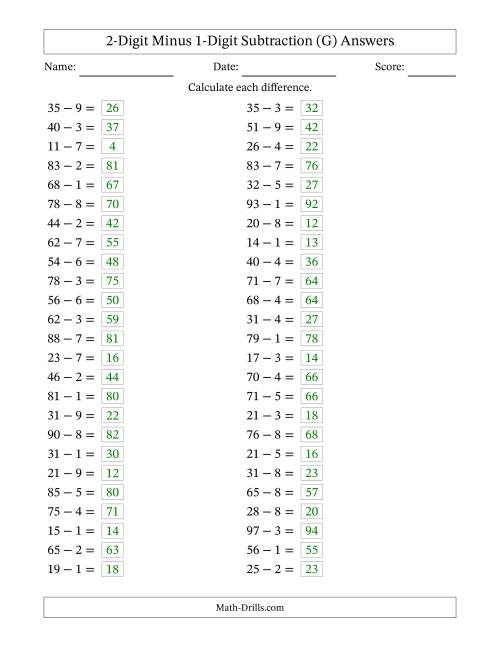 The Horizontally Arranged Two-Digit Minus One-Digit Subtraction(50 Questions) (G) Math Worksheet Page 2