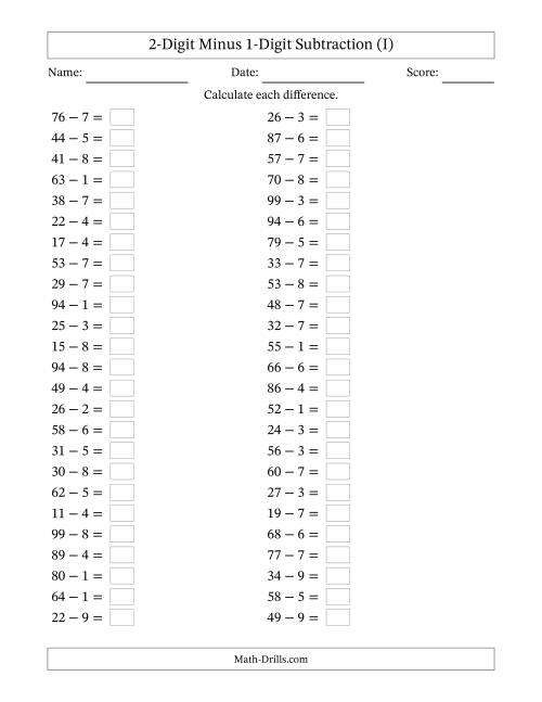 The Horizontally Arranged Two-Digit Minus One-Digit Subtraction(50 Questions) (I) Math Worksheet
