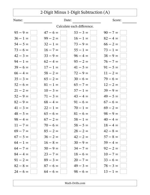 The Horizontally Arranged Two-Digit Minus One-Digit Subtraction(100 Questions) (A) Math Worksheet