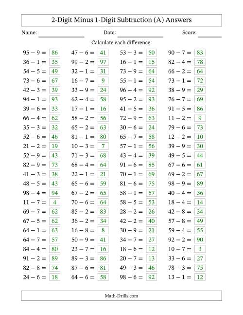 two digit minus one digit horizontal subtraction 100 questions all