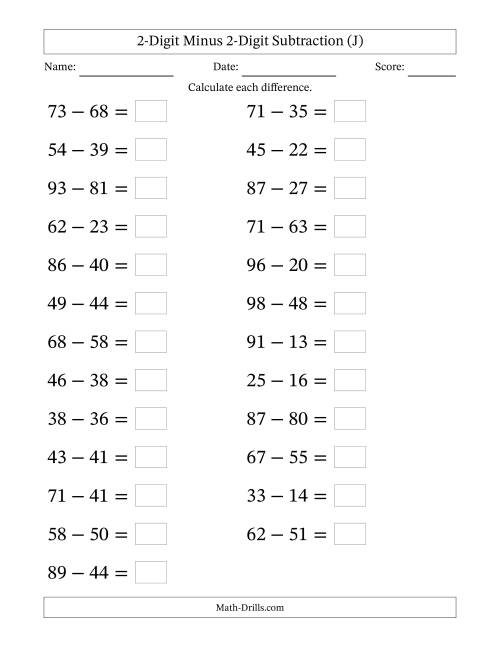 The Horizontally Arranged Two-Digit Minus Two-Digit Subtraction(25 Questions; Large Print) (J) Math Worksheet