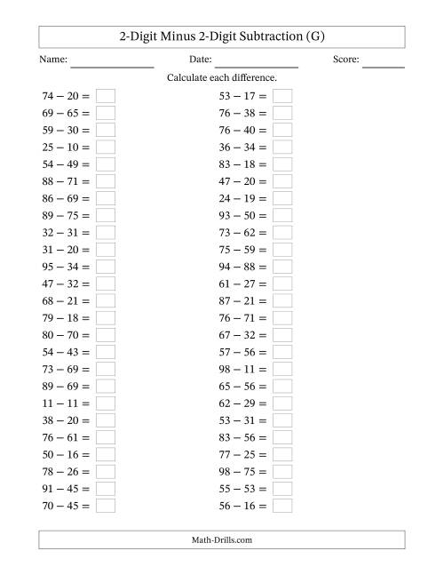 The Horizontally Arranged Two-Digit Minus Two-Digit Subtraction(50 Questions) (G) Math Worksheet