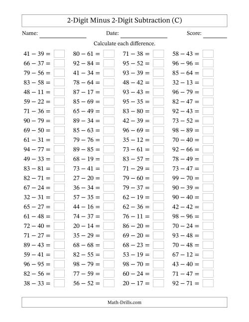 The Horizontally Arranged Two-Digit Minus Two-Digit Subtraction(100 Questions) (C) Math Worksheet