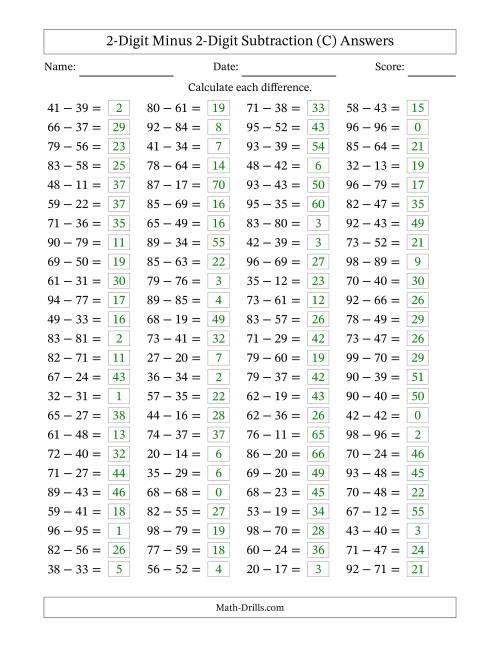 The Horizontally Arranged Two-Digit Minus Two-Digit Subtraction(100 Questions) (C) Math Worksheet Page 2