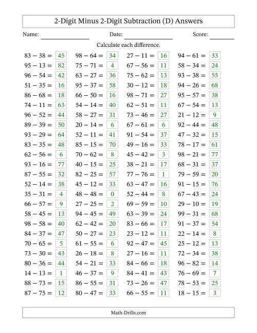 The Horizontally Arranged Two-Digit Minus Two-Digit Subtraction(100 Questions) (D) Math Worksheet Page 2
