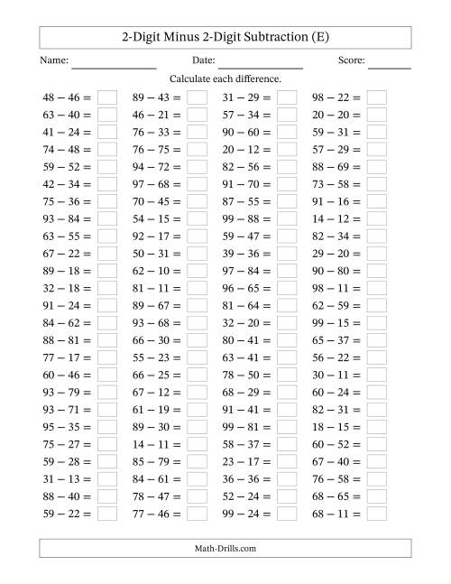 The Horizontally Arranged Two-Digit Minus Two-Digit Subtraction(100 Questions) (E) Math Worksheet