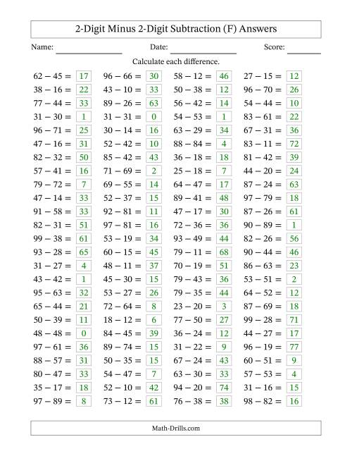 The Horizontally Arranged Two-Digit Minus Two-Digit Subtraction(100 Questions) (F) Math Worksheet Page 2