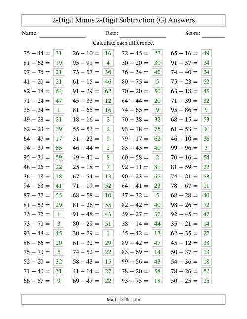 The Horizontally Arranged Two-Digit Minus Two-Digit Subtraction(100 Questions) (G) Math Worksheet Page 2